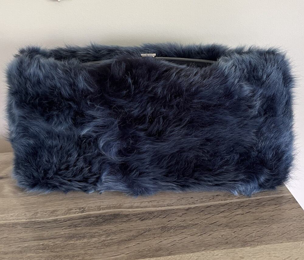Mark Cross Blue Fuzzy Furry Fur Oversized Large Kisslock Clutch